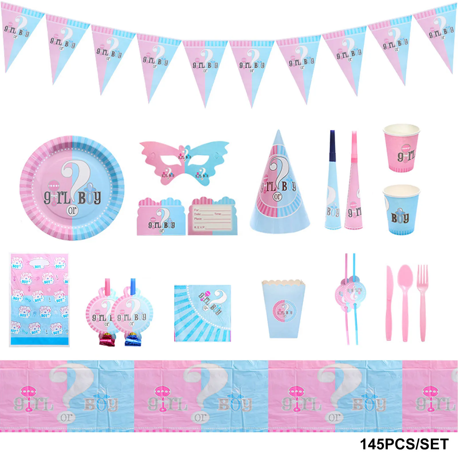 

145pcs/set Banner Tablecloth Gender Reveal Party Decoration Disposable Tableware Invitation Card Practical Home Boy Or Girl