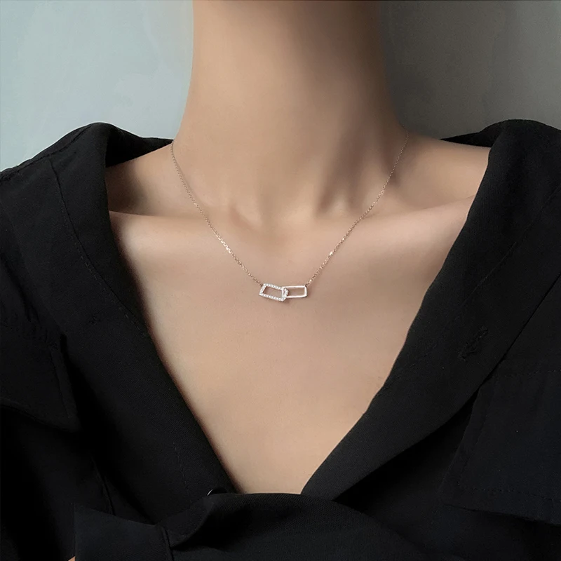 

personality 925 Sterling Silver Shiny Rectangle Double Zircon Pendant CZ Zirconia Necklaces Clavicle chain For Girl Jewelry Gift