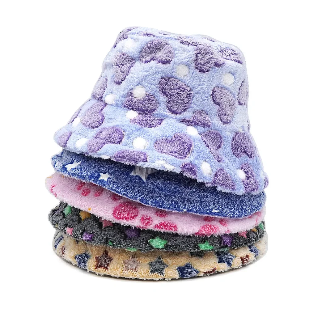 

2023 New Women Winter Faux Wool Bucket Hat Strar Heart Printed Wide Brim Warm Panama Fisherman Cap