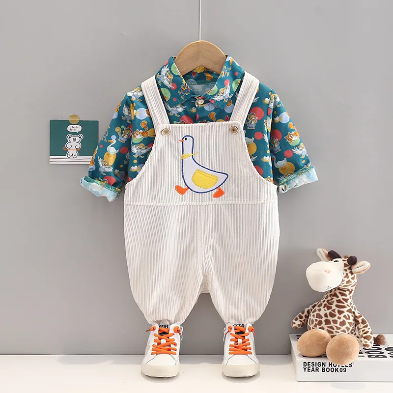 

Spring Autumn Baby Boy Clothes 1 to 5 Years Cartoon Printed Turn-down Collar Long Sleeve Shirts Overalls Kids Brand Clothing Set