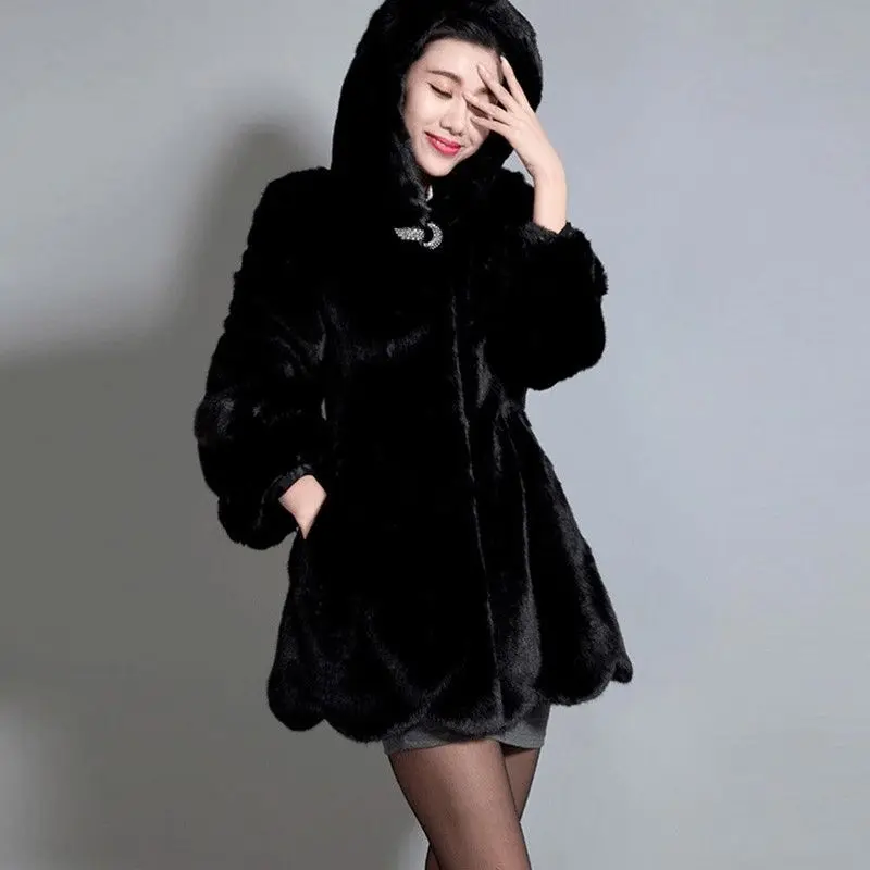 

2022 New Fashion Mom Winter Imitation Mink Velvet Coat Long Middle-aged Solid Color Basic Hooded Coat Thick Top Overcoat T45