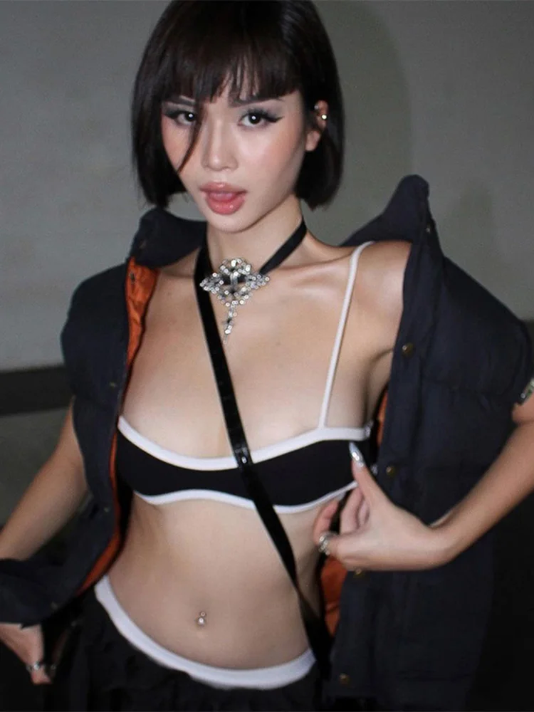 Черные укороченные топы с принтом повседневные без рукавов новинка 2023 Y2K