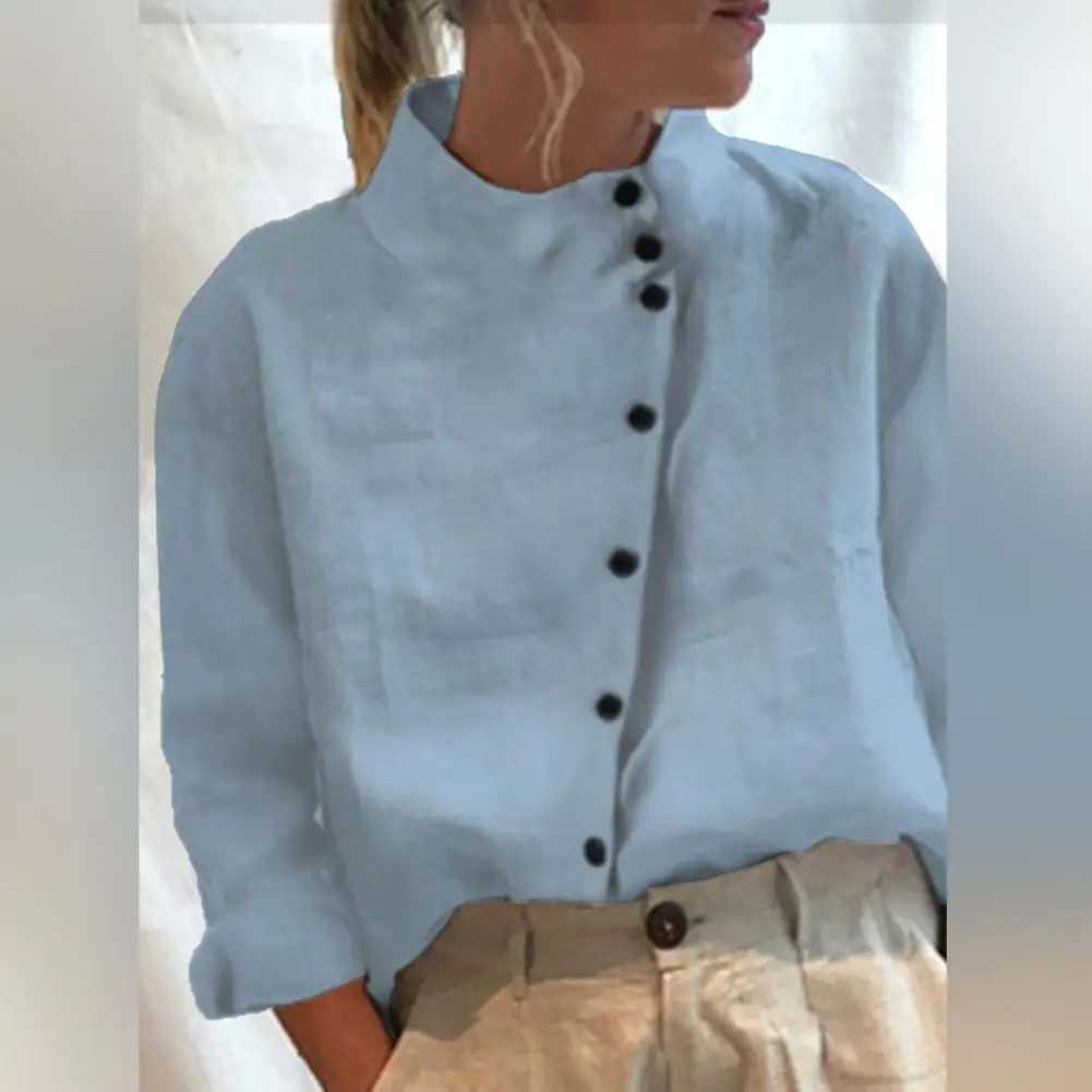 

Vintage Women Top Blouse Solid Long Sleeves Button Decor Loose Breathable Commute Summer Casual Stand Collar Oversized Blouse