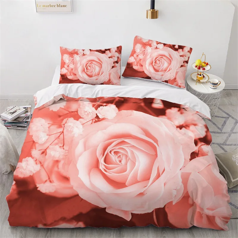 

3D Floral Rose Duvet Cover Pink Flowers Bedding Set Microfiber Comforter Cover Full King Size For Girls Women Wedding Room Decor