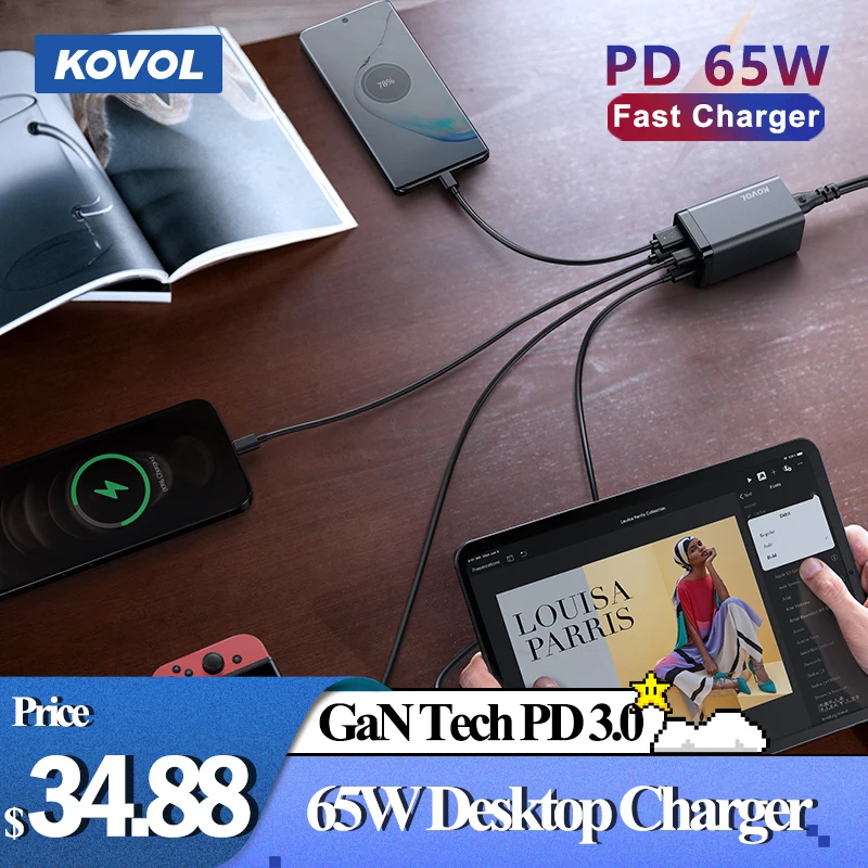 

KOVOL 65W Mobile Phone Chargers GaN PD QC 3.0 PPS Adaptor Fast Charger for iPhone 13 12 Pro iPad Samsung Xiaomi Type-C Charger
