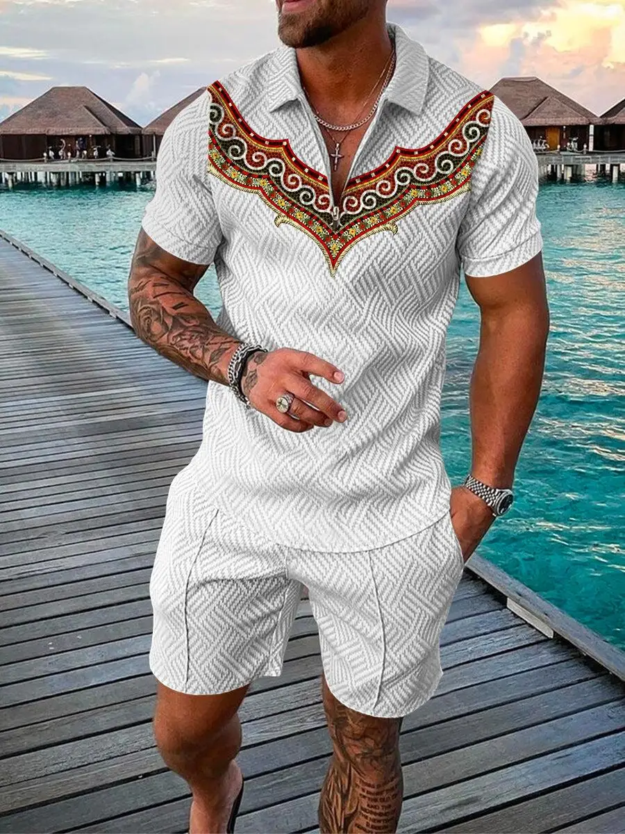 Men Summer Tracksuit V-Pattern Series Short Sleeve Zipper Polo Shirt&Shorts Sets For Men Casual High Quality Streetwear Suit