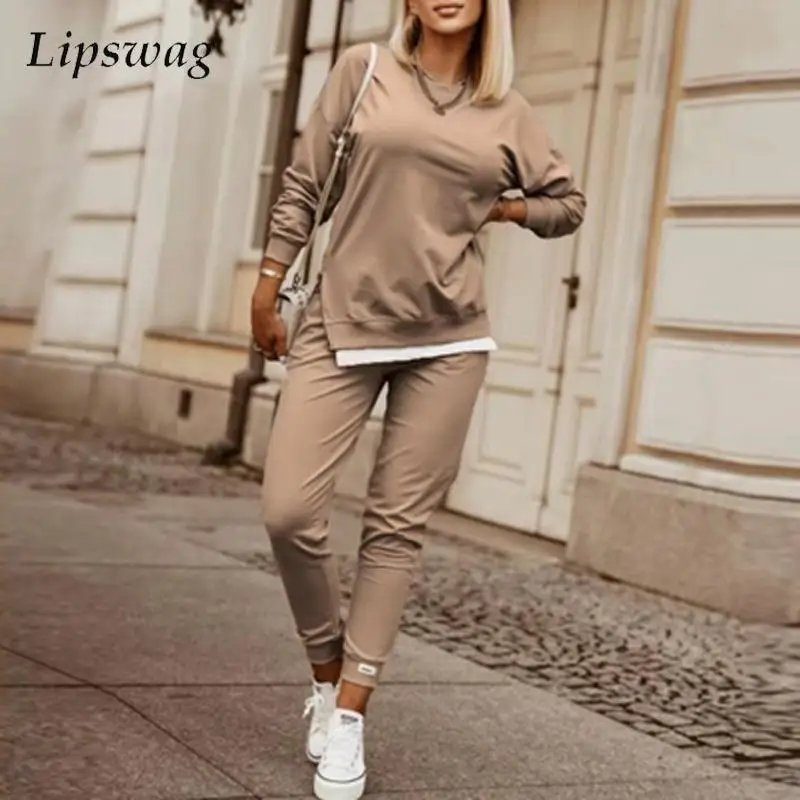 

Spring Lady Loose Streetwear Outfits Casual Solid Sports Shirts 2pc Set Women O Neck Long Sleeve Tops T-Shirt And Long Pants Set
