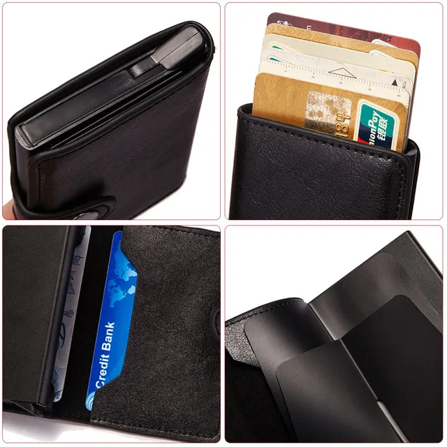 Vintage PU Leather Mini Wallet Business Card Case RFID Metal  Card Cover Automatic Smart  ID Card Holder for Men Women Purse 5