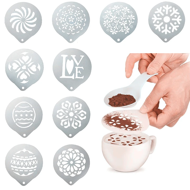 

Stainless Steel Coffee Stencil Fancy Coffee Printing Model Foam Spray Cake Stencils Cappuccino Drawing Mold Powdered Sieve Tool
