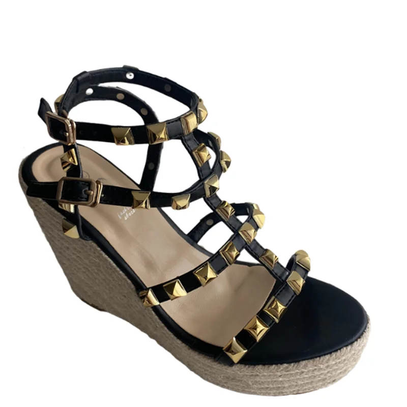

Gladiator Sandals Women 2022 Summer Bohemian Linen Weaving Wedges Shoes Black Rivet Platform High Heels Sandales Femmes
