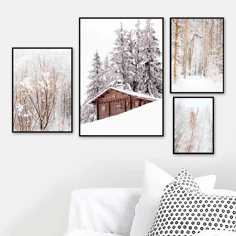 

Classic Winter Snow Poster Wall Art Forest Wooden House Snow Pictures and Posters Nordic Living Room Decoration Canvas Painting
