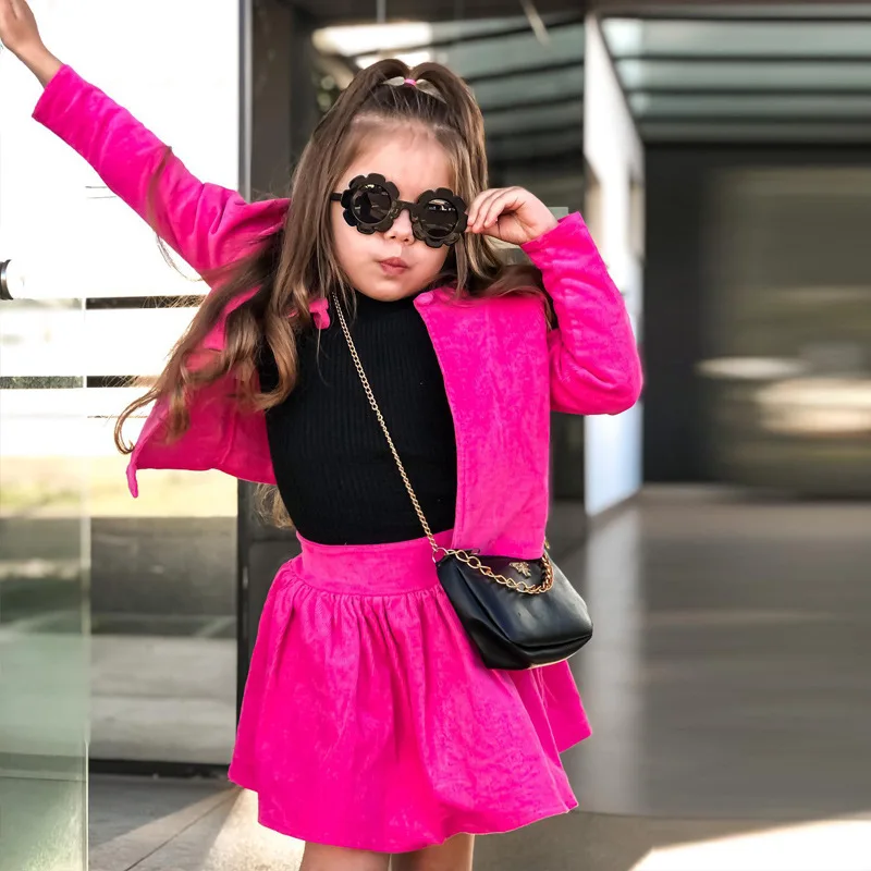 

2022 Autumn Long Sleeve Crop Jacket Ins Girls Rose Pink Cardigan Coat+ Mini Skirt Baby Kids Fashion Suits 2pcs Clothes for 1-8Y