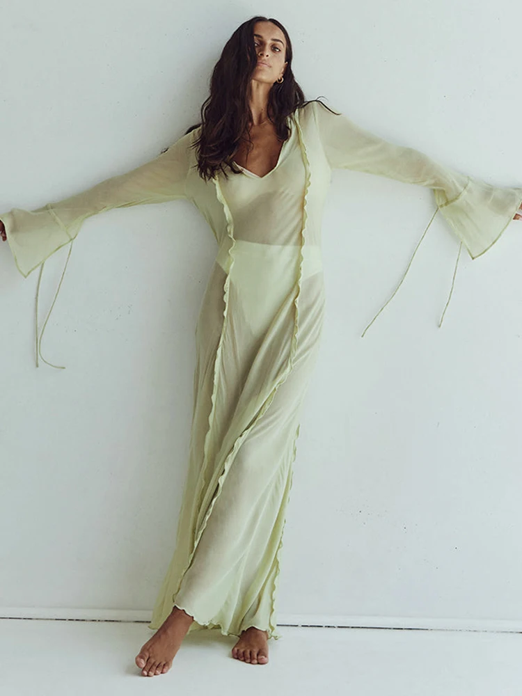 

Whatiwear женское модное Плиссированное Прозрачное платье с длинным рукавом свободное в пол с квадратным вырезом простое однотонное тонкое летнее платье
