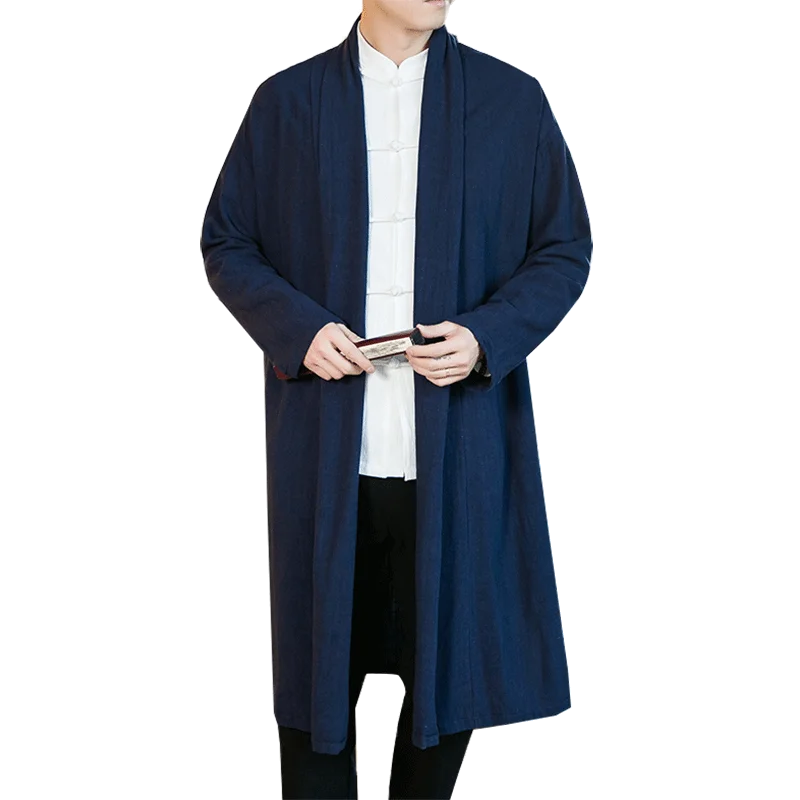 Chinese Style Men's Robe Cloak Loose Linen Cardigan Jacket Fashion Streetwear Solid Color Casual Loose Mid-length Trench Coat images - 6