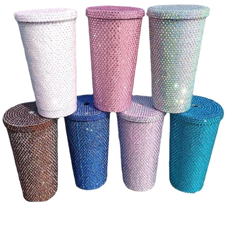 

Sparkling Rhinestone Tumbler with Straw Lid Double Wall Stainless Steel Insulated Vacuum Coffee Mug Cup Diamond Water Bottle