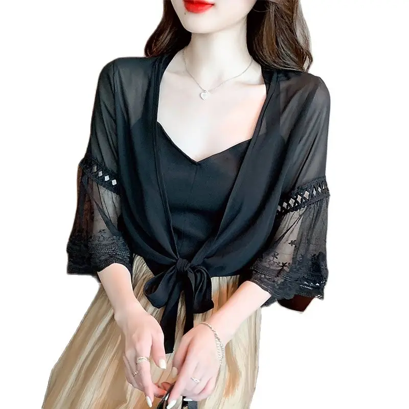 

Chiffon Cape Flare Sleeves 2023 Summer Women Fashion Capes Embroidery Thin Sheer Design