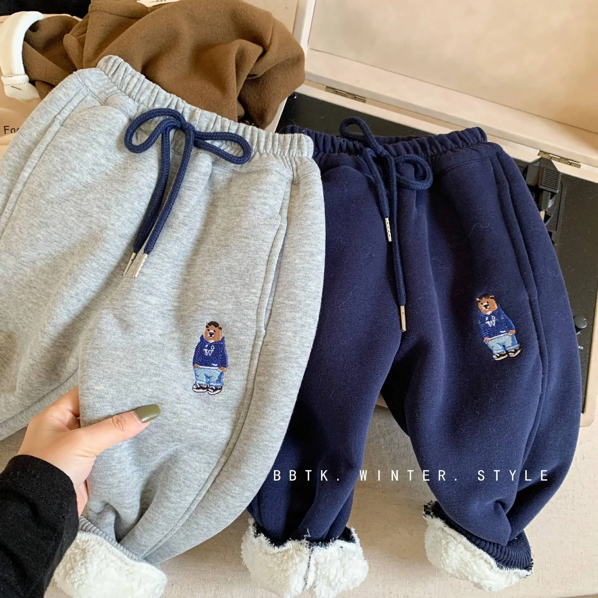 2022 Winter Boys Casual Thick Warm Fleece Pant with Bear Baby Kids Children Cute Trousers