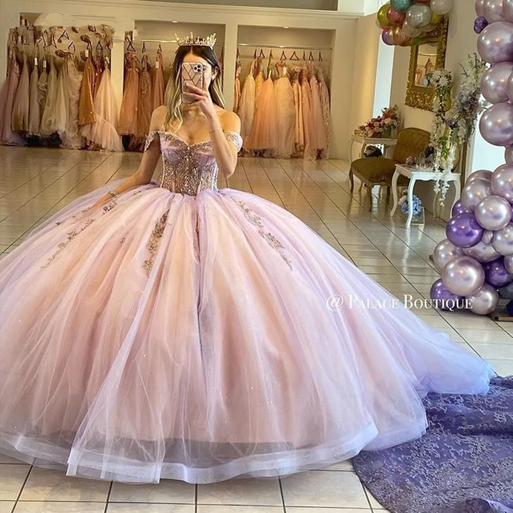 

Lavender Pink Princess Quinceanera Dresses Off Shoulder Appliques Glitter lace-up corset Vestidos De 15 Años Birthday prom Gown