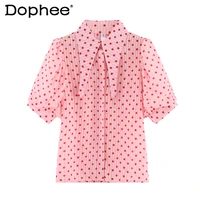 chiffon polka dots short sleeved shirt for women 2022 summer korean style loose elegant blusas puff sleeve doll collar blouse