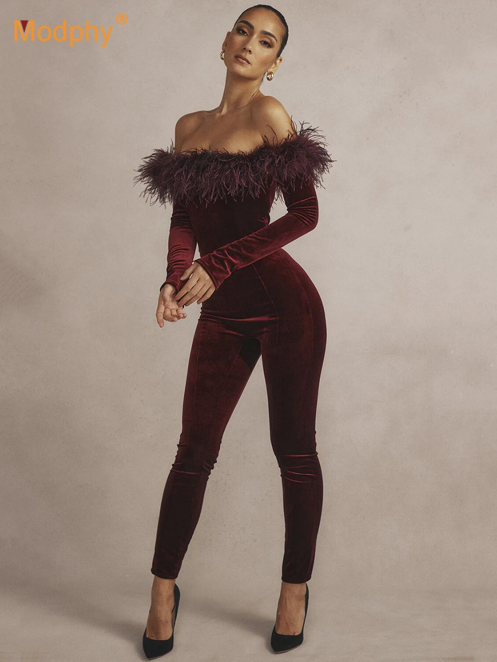 Modphy 2023 Women Sexy Off Shoulder Feather Tight Velvet Jumpsuits Women Long Sleeve Bodycon Elegant Party Christmas Jumpsuit