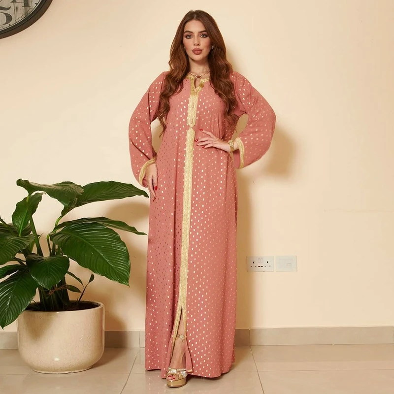 Sunny Kaftan Marocain Dubai Malaysia Abaya Gold Stripe Dress Islamic Clothing Robe Gold Cuff Neckline Muslim Elegant Maxi Dress
