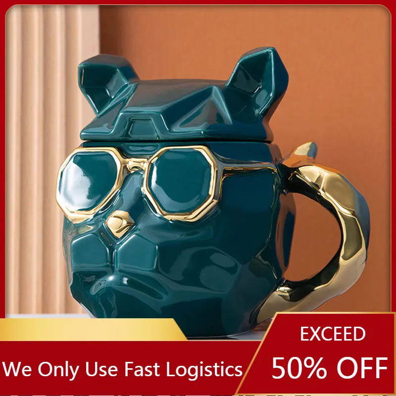 

Nordic 500ml Cool Dog Coffee Mug Bulldog Ceramic Mug with Lid 3D Dog Head Mugs Coffee Cup Office Home Water Creative Cartoon Cup