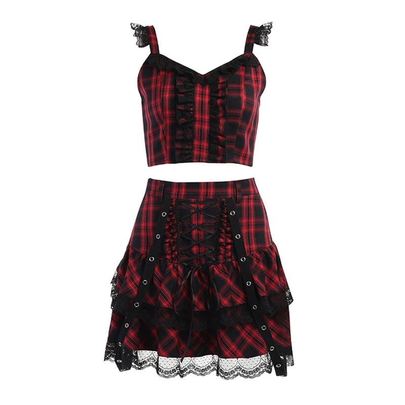 

Women Gothic 2Pcs Plaid Outfit Harajuku Lolita Sleeveless Lace Trim Cami Crop Top High Waist Mini Tiered A-Line Skirt