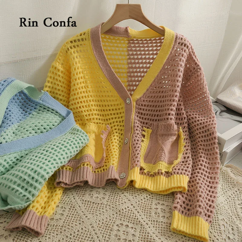 

Rin Confa Lady Single-Breasted Thin Top Women Korea Fashion Contrast Color Join Together Hollow Out Perspective Sweater