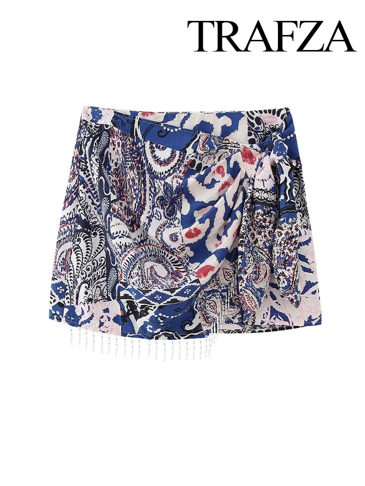 

TRAFZA Female Bohemian Style Skirt Print High Waist Bow Asymmetrical Tassel Decorate Zipper Fashion And Chic Women's Mini Skirts