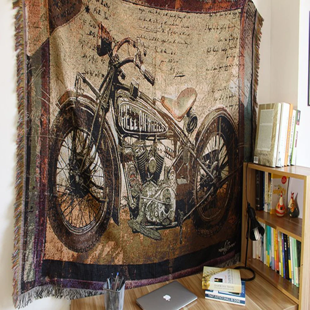 

Shabby chic motorcycle vintage leisure blanket coarse cotton bed cover sofa towel Carpet rural Felts Tapestry Vintage Decor