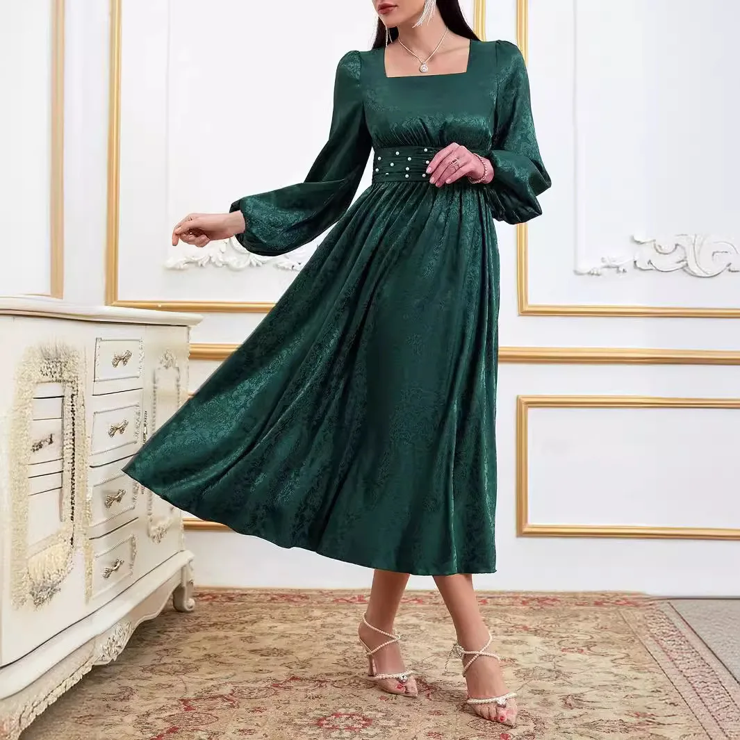 Женское атласное платье с бусинами длинное вечернее Дубая в мусульманском стиле