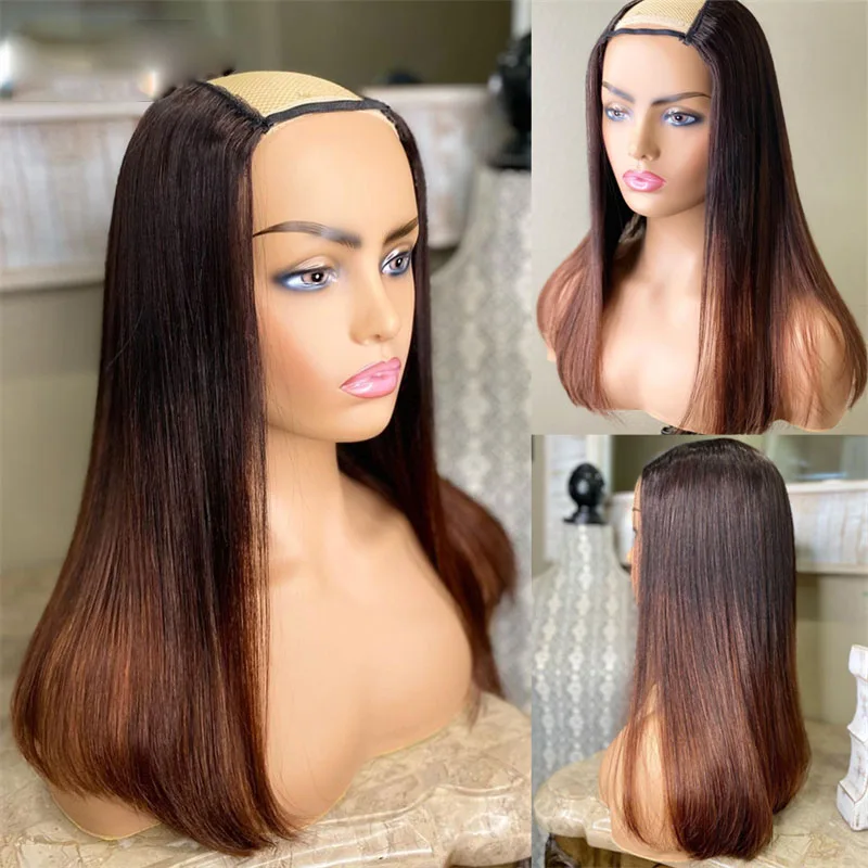 

Long Brown Ombre Human Hair Wigs Straight Malaysian Remy Glueless U Part Wigs Middle Right Left U Opening 1"x4" Two Tone Color