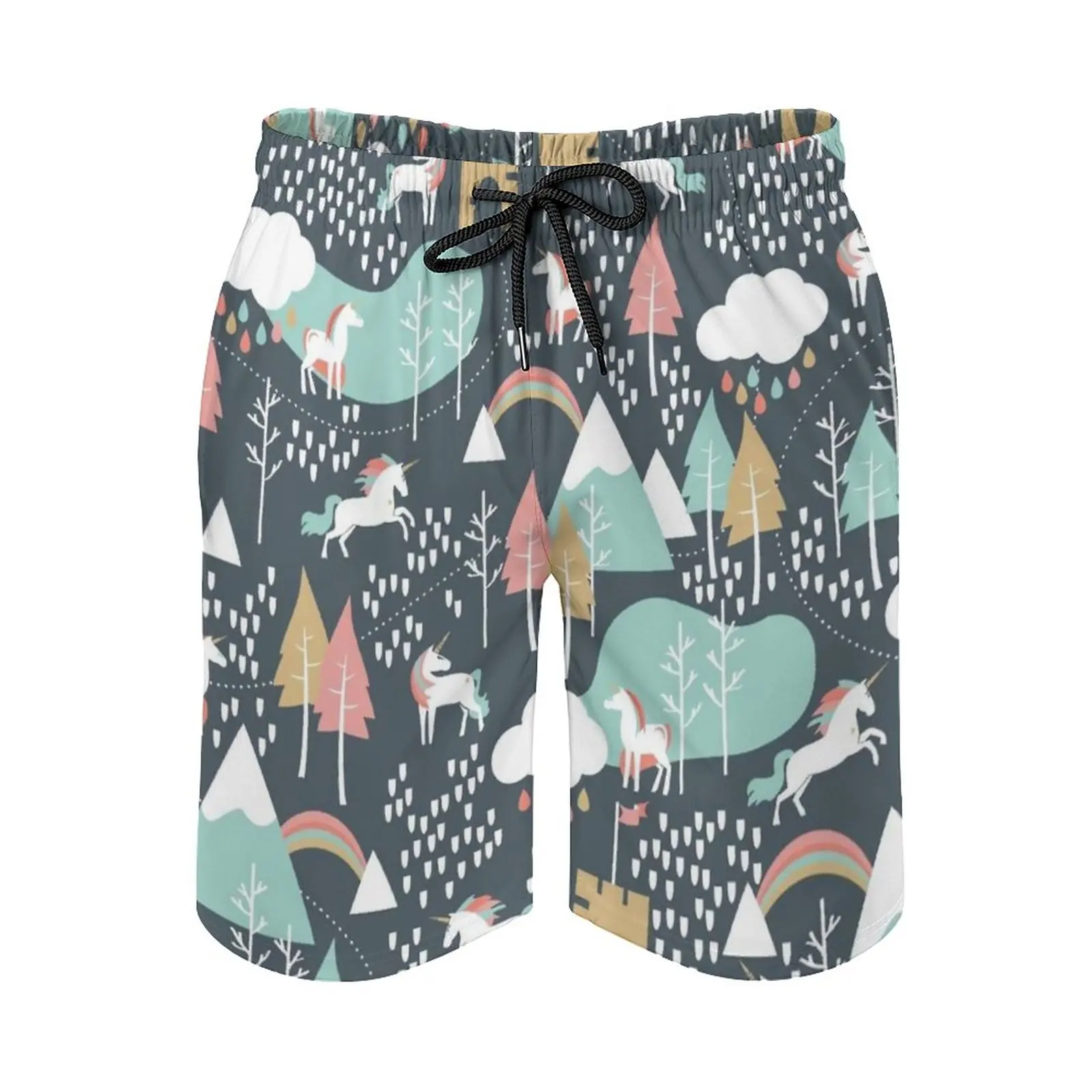 

Unicorn Love Men's Swim Trunks Sports Shorts Beach Trunks Surfing Pockets And Mesh Lining Unicorn Horse Forest Nature Rain