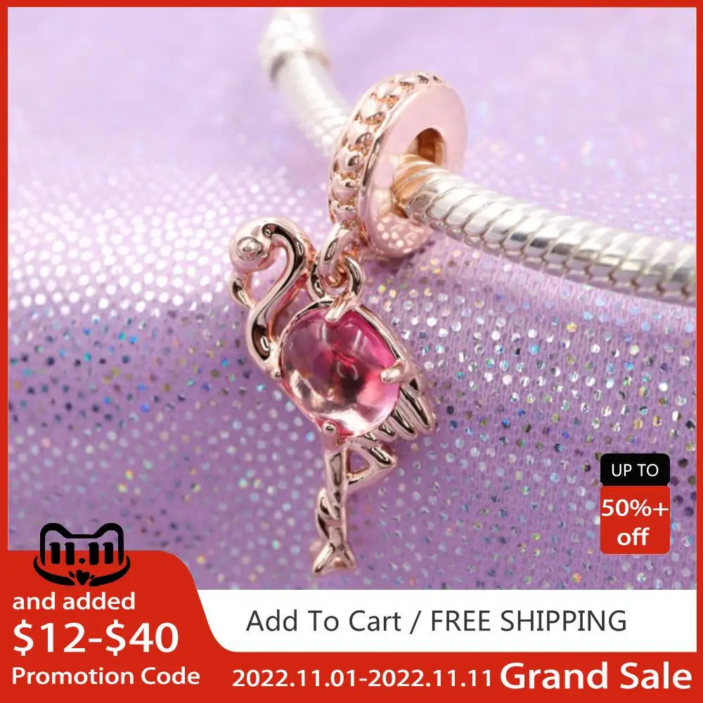 

Fine Pink Murano Glass Flamingo Dangle Charm 925 Sterling Silver Bead Fit Original Pandora Bracelet Women DIY Jewelry Gift