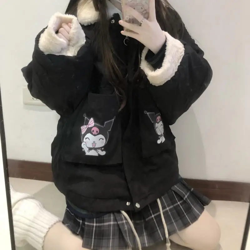 

Sanrioed Cinnamoroll My Melody Kuromi мультфильм кавайный японский стиль флис утолщенная сохраняющая тепло хлопковая одежда зимнее пальто