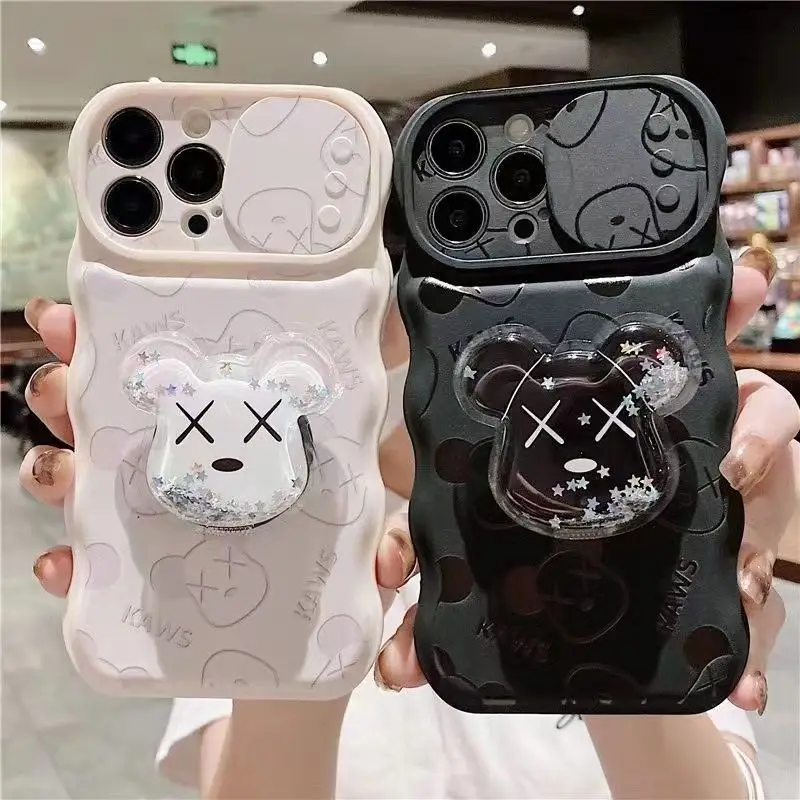 

Trendy Cartoon Bear With Holder Black White Unique Design Phone Cases For iPhone 14 Plus 13 12 11 Pro Max X XR XS TPU Cover