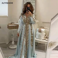 elegant blue moroccan kaftan formal evening dresses 2022 muslim luxurious shiny crystals beaded prom gowns vestidos de fiesta