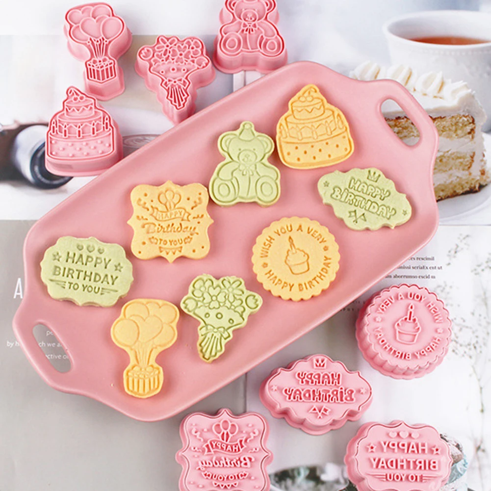 

8Pcs Theme Cookie Cutters Plastic 3D Pressable Biscuit Mold Cookie Stamp Cutters for Kitchen Baking Tools Birthday Decoration
