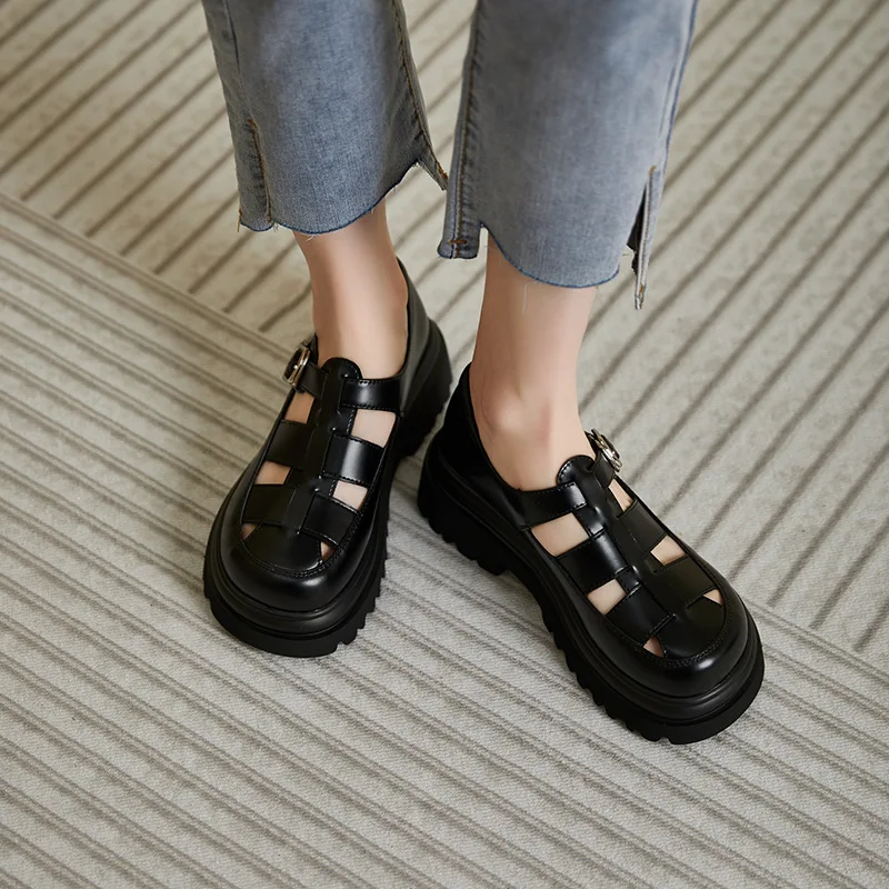 platform splite leather Women sandals hollowed Roman sandals