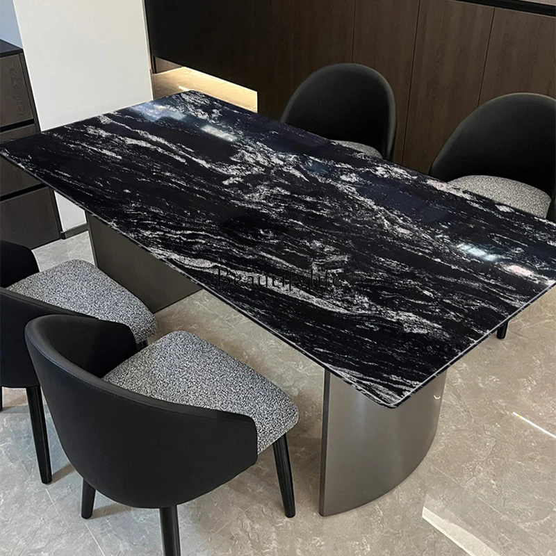 Обеденный стол из космического черного натурального мрамора светлый роскошный