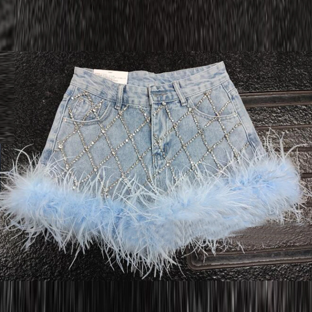 Women Denim Shorts with Feather Trim Diamonds Patchwork Solid Sexy Party Runway Fashion Blue Short Jeans Female Streetwear