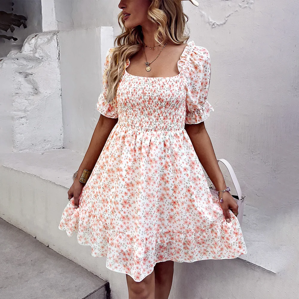 

Fashion Women's Slash Neck Short Sleeve Summer Short Dress Casual Floral Print High Waist Ruffle A-line Beach Dresses Streetwear