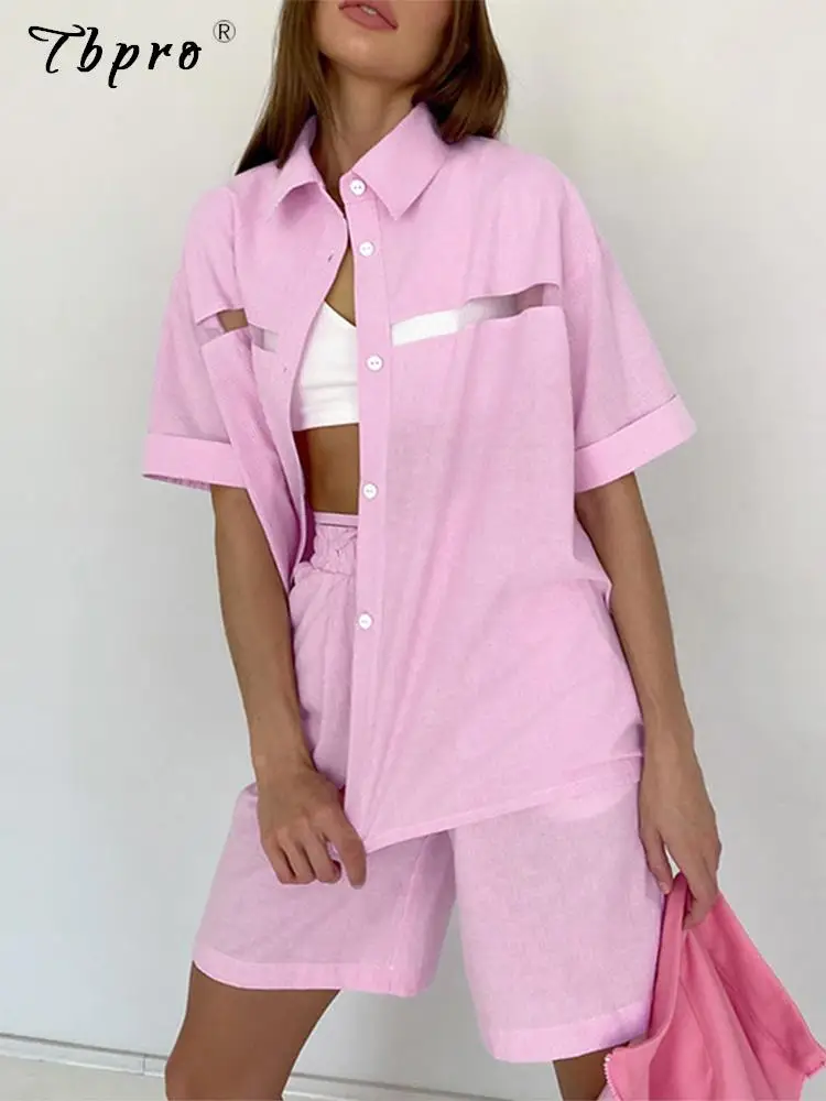 

Casual Short Sleeve Shirt And Shorts Suit Women Fashion Solid Button Up Tops And High Waist Straight Shorts 2022 Ladies Outfits