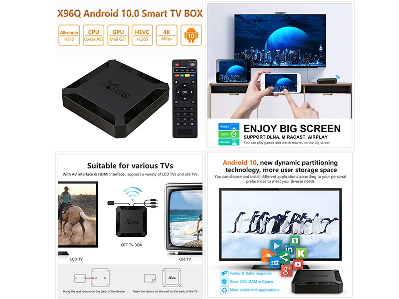 ТВ-приставка X96Q 10 шт. Android 0 четырехъядерный Allwinner H313 2 ГБ 16 ГБ/1 8 Гб поддержка 4K Youtube
