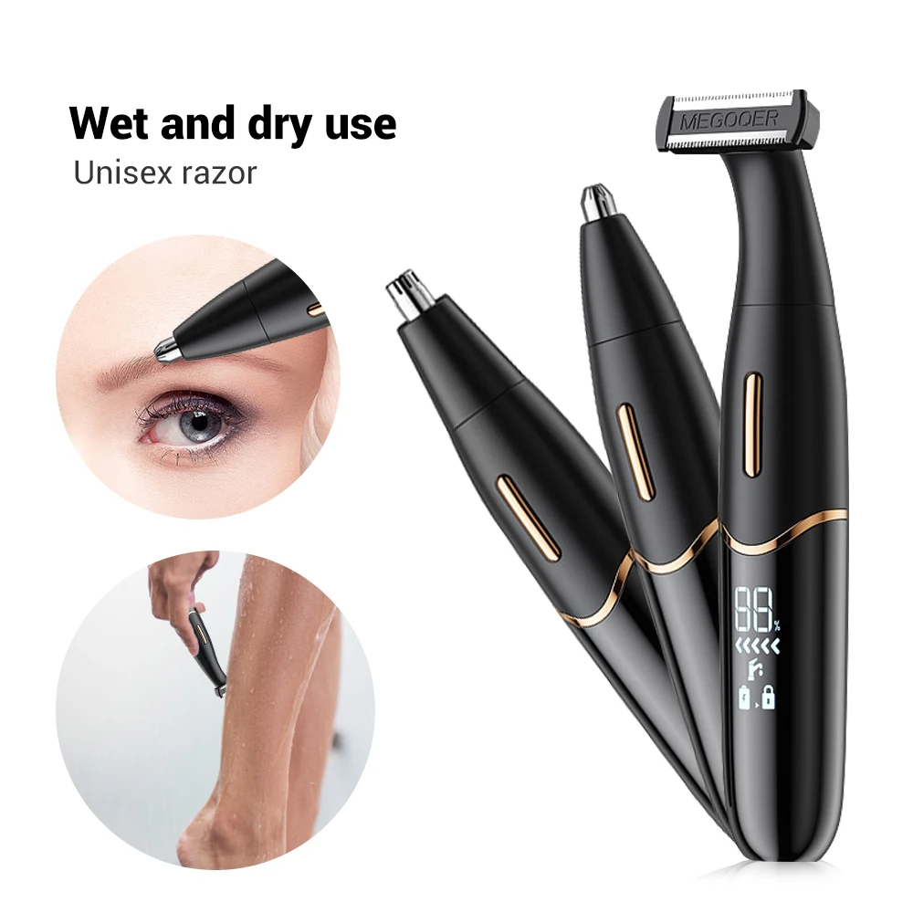 

3 in 1 Waterproof Body Shaver Digital Electric Shaver For Sensitive Areas Body Nose Hair Trimmer Unisex USB Charging