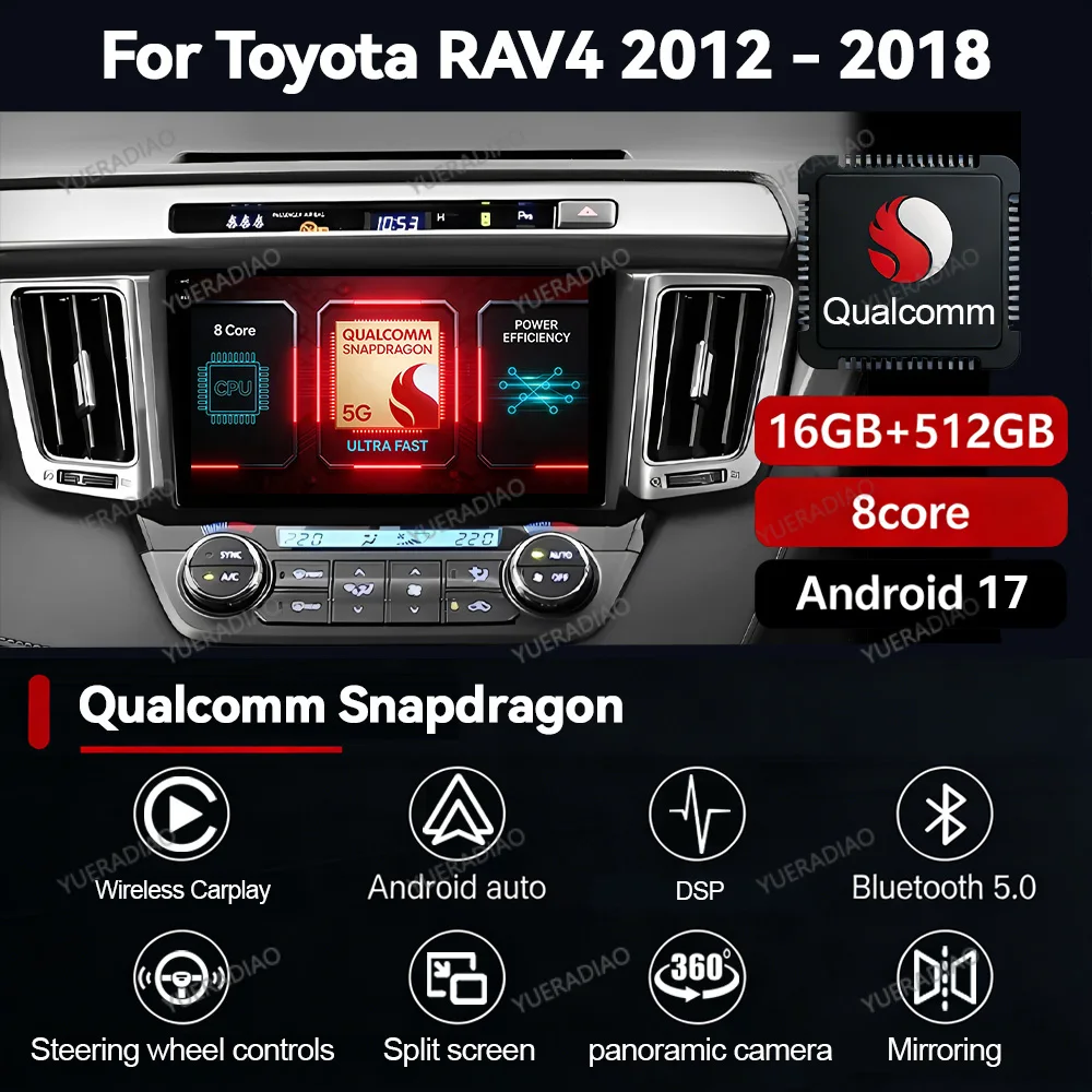 Фото Автомагнитола Android 17 для Toyota RAV4 4 XA40 5 XA50 2012-2018 с GPS-навигацией, Qualcomm, 4G, Wi-Fi, мультимедиа, видеоплеер, QLED, Bluetooth №1