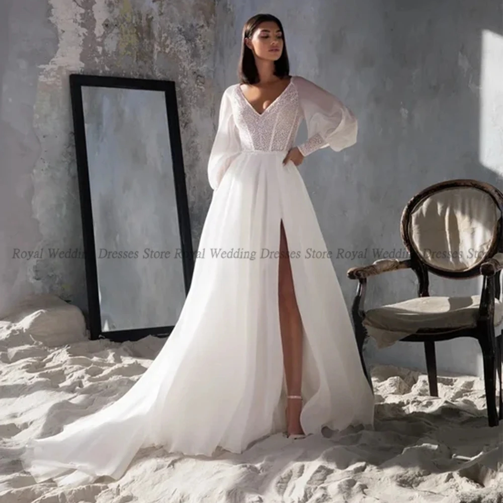 

Exquisite A Line Wedding Dresses Open Back Puff Sleeve Layered Tulle High Slit Boat Neck Lace 2022 Floor Length Gowns Robe De Ma