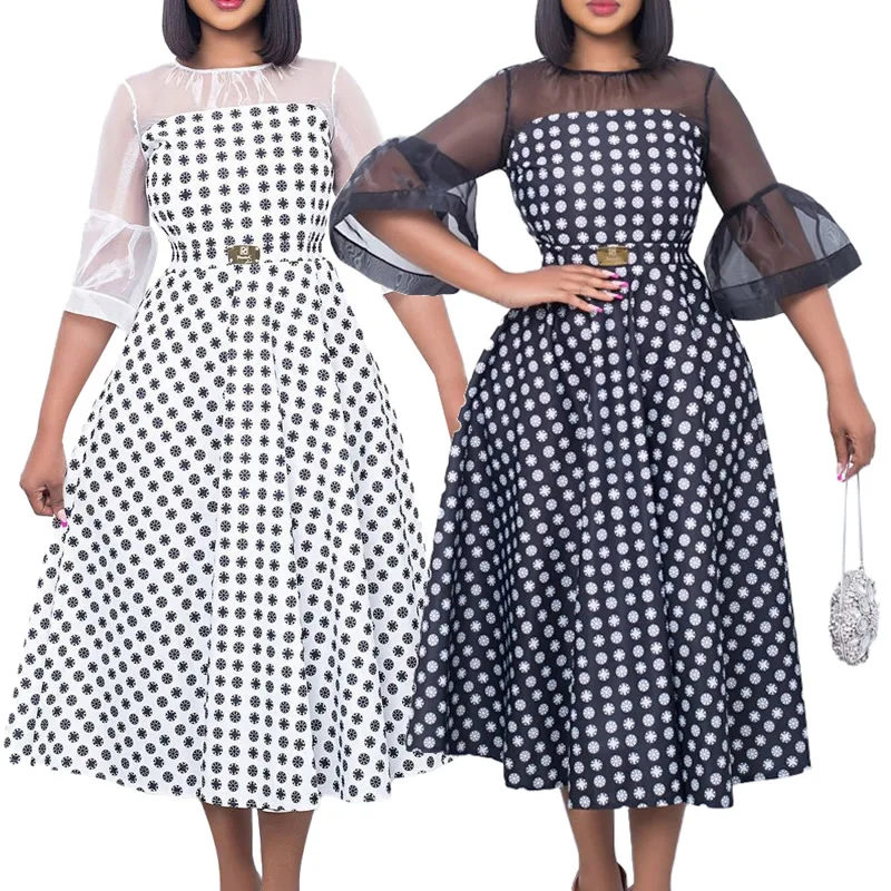 

Spring Mid Flare Sleeve Women Black/White O-Neck Mesh Dress Retro Print Autumn Female Mid-Calf Stylish Causual Dresses Size S-XL