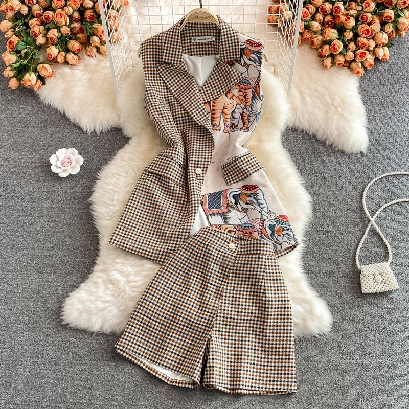 

Women's Temperament Two-Piece High-Waisted Wide-Leg Shorts Summer New Fashion Luxury Color Matching Plaid Suit Collar Vest Coat