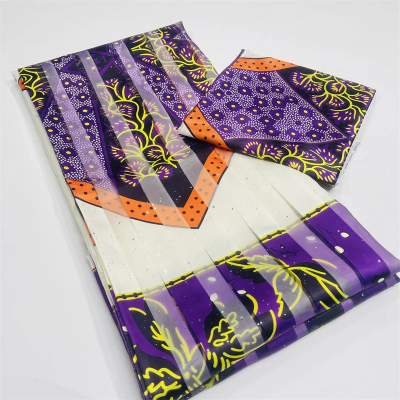 

African wax ribbon silk wax organza ankara satin fabric With diamonds 4 yards +2 yards chiffon audel/modell for dress LY080501